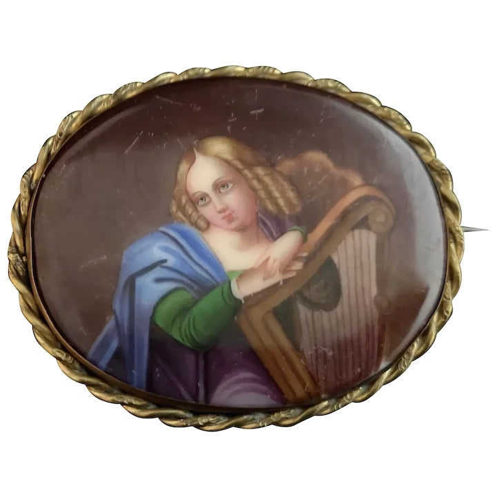 Antique porcelain portrait brooch, 19th century
