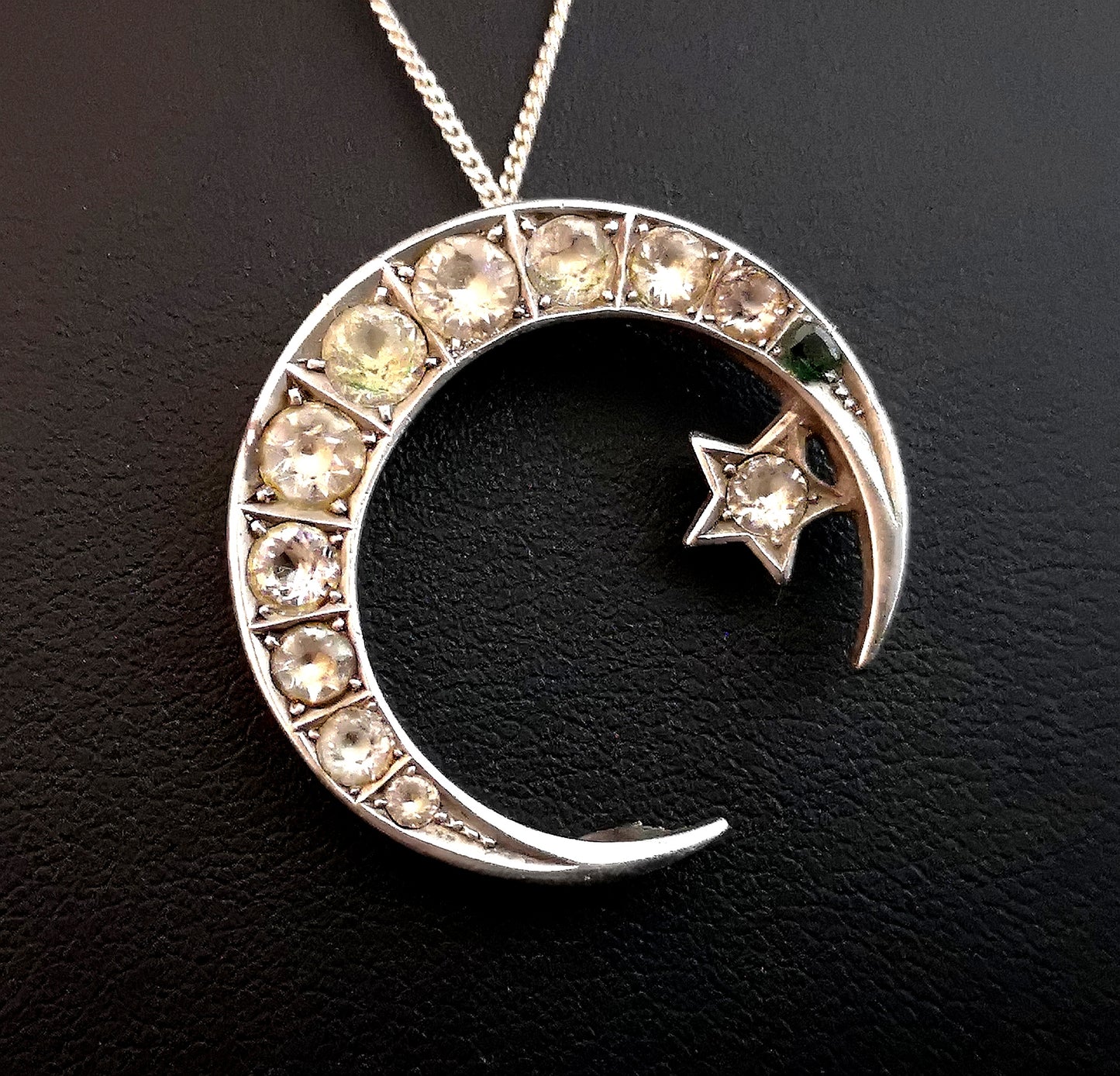 Antique Victorian silver crescent pendant, paste and emerald