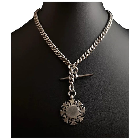 Antique silver Double Albert chain, watch chain, fob