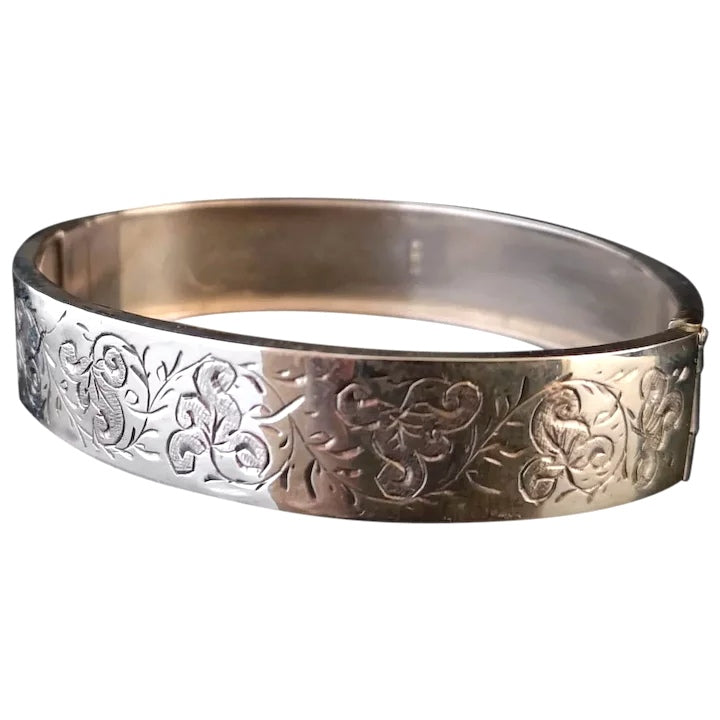 Antique Victorian silver bangle, aesthetic engraved