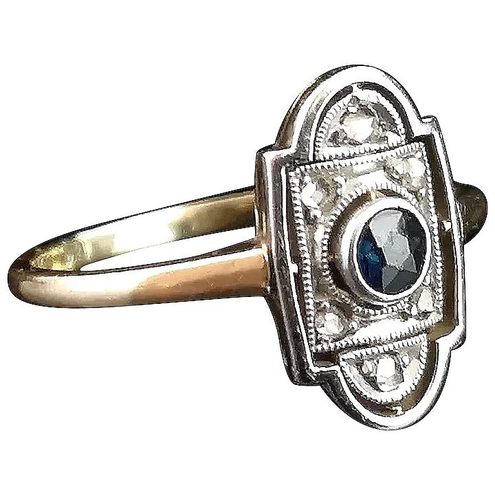 Art Deco Sapphire and Diamond ring, 9ct gold and platinum
