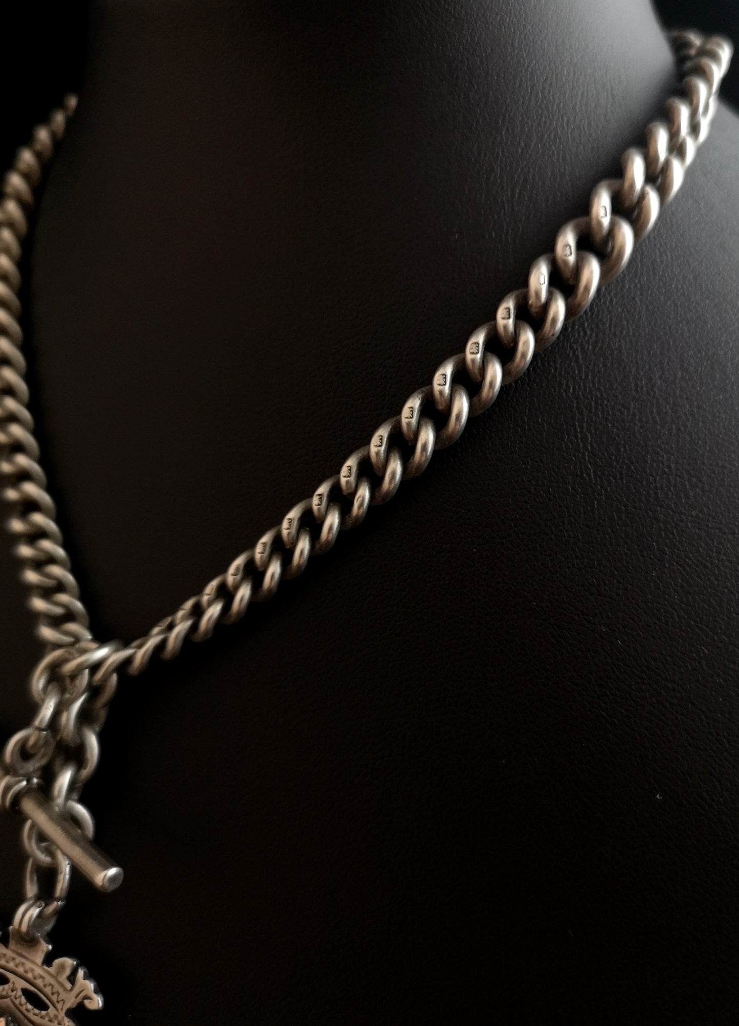 Antique silver Double Albert chain, rose gold fob