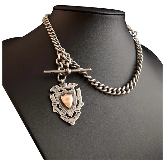 Antique silver Double Albert chain, rose gold fob