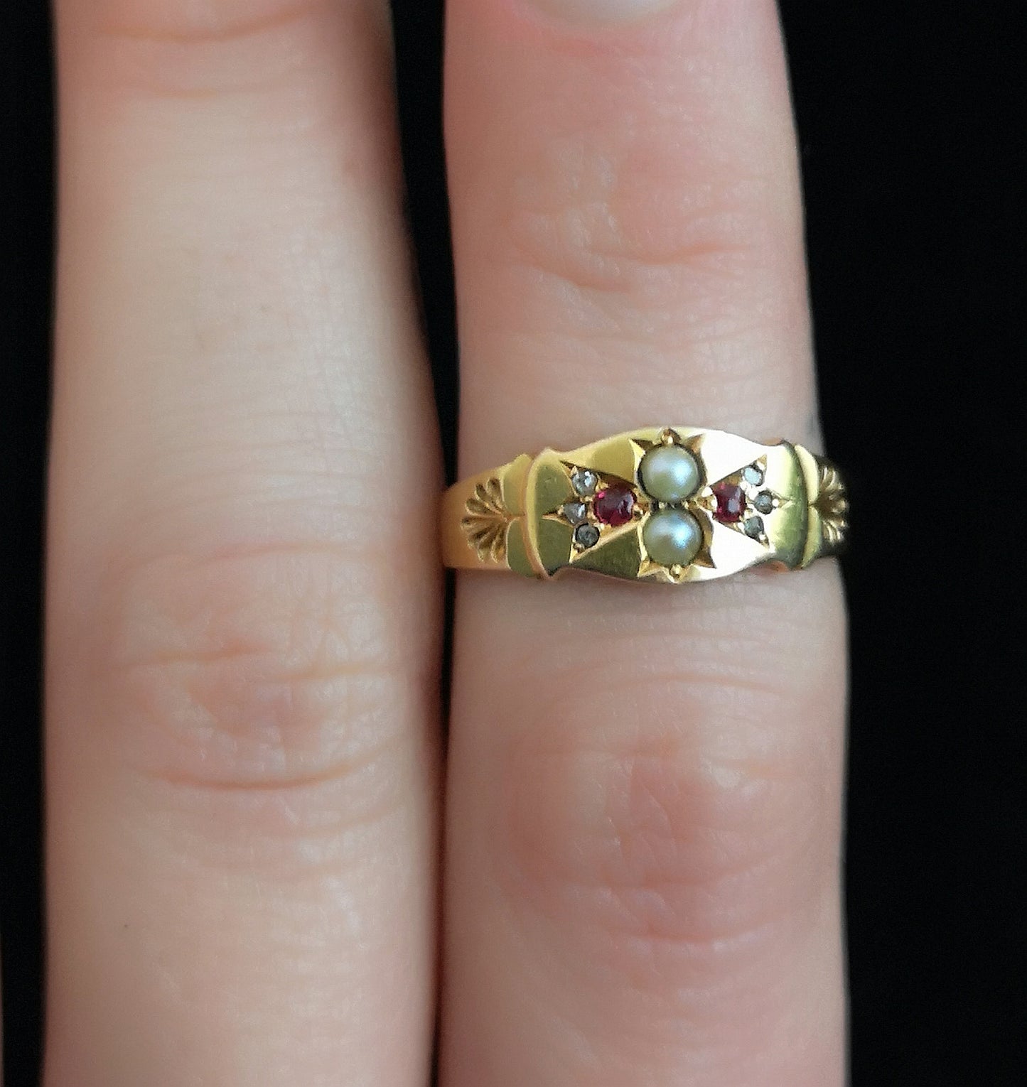 Victorian Ruby, pearl and diamond ring, 15ct gold
