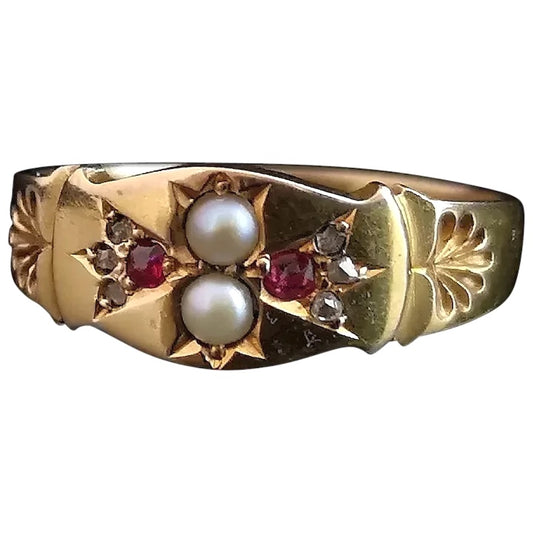 Victorian Ruby, pearl and diamond ring, 15ct gold