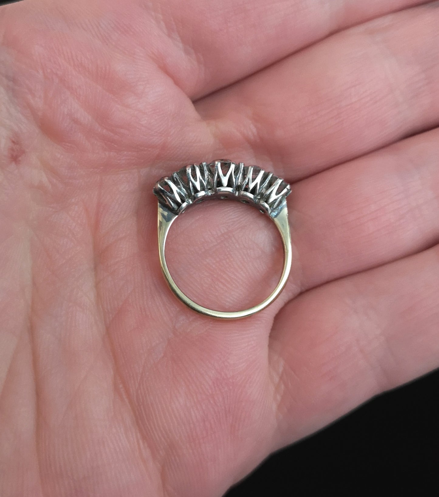 Antique paste half hoop ring, 9ct gold and silver