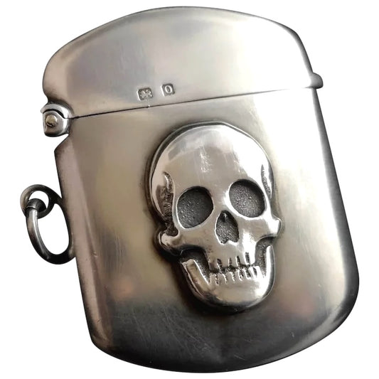 Antique silver skull vesta case, Memento Mori