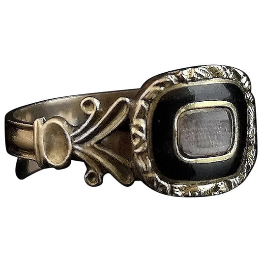 Antique Georgian hairwork mourning ring, 12ct gold, black enamel