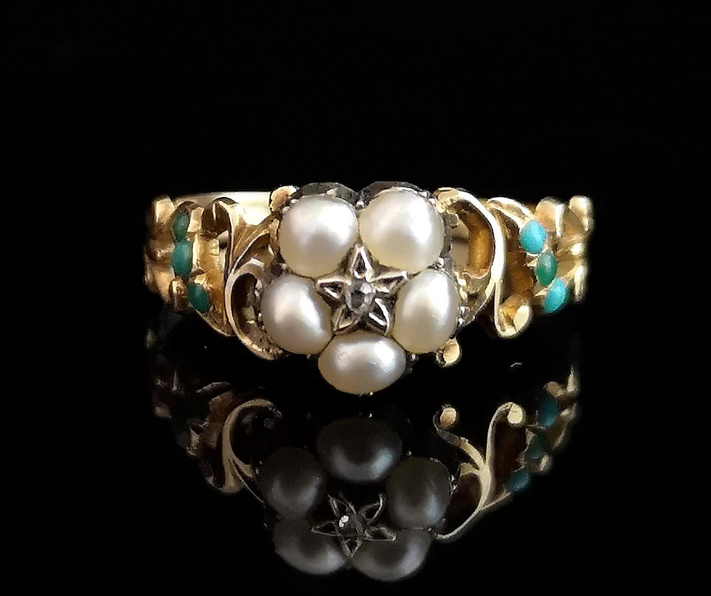 Victorian turquoise, diamond and pearl ring, 18ct, forget me not flower