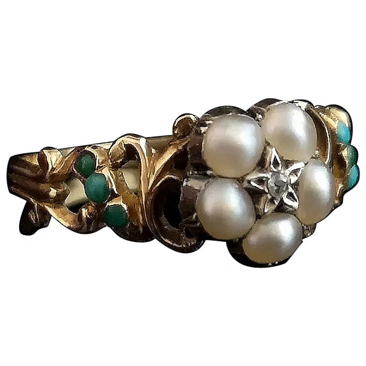 Victorian turquoise, diamond and pearl ring, 18ct, forget me not flower