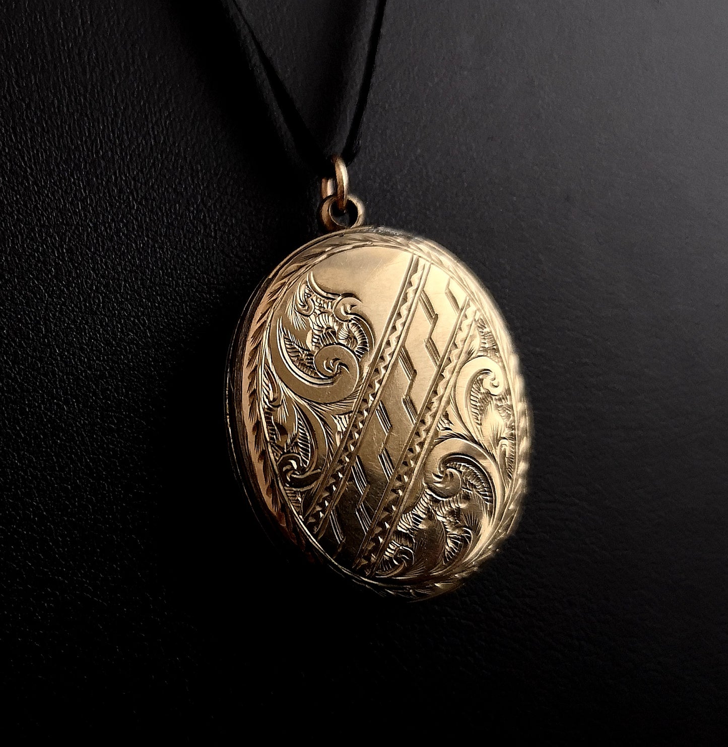 Antique gold mourning locket, Victorian, black enamel