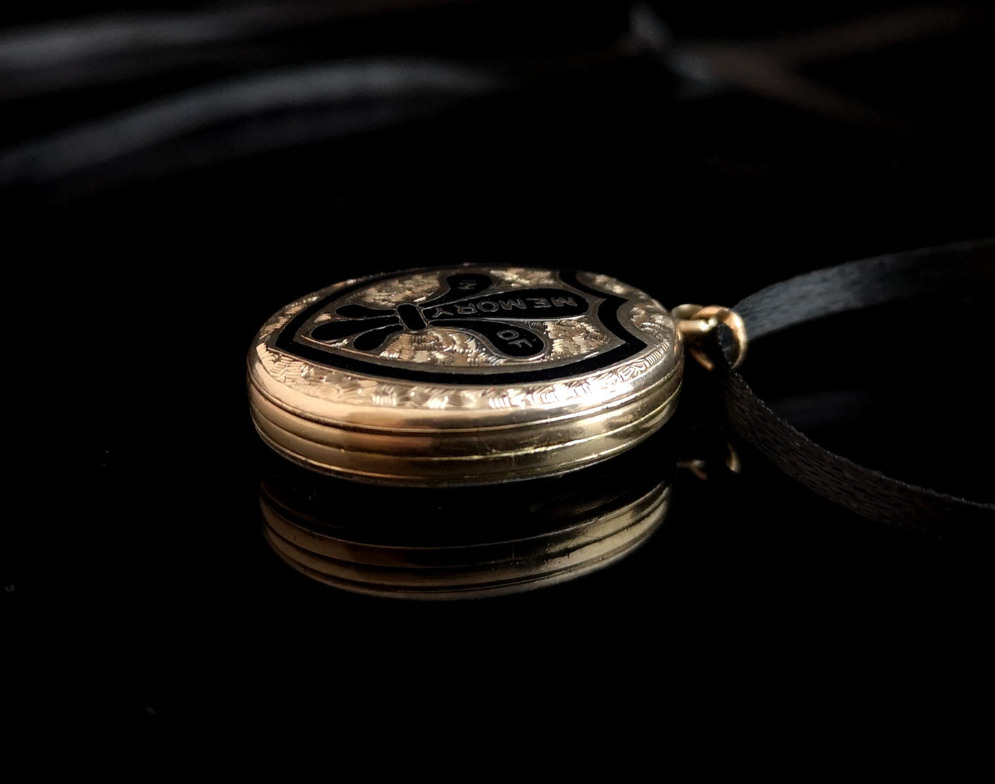 Antique gold mourning locket, Victorian, black enamel