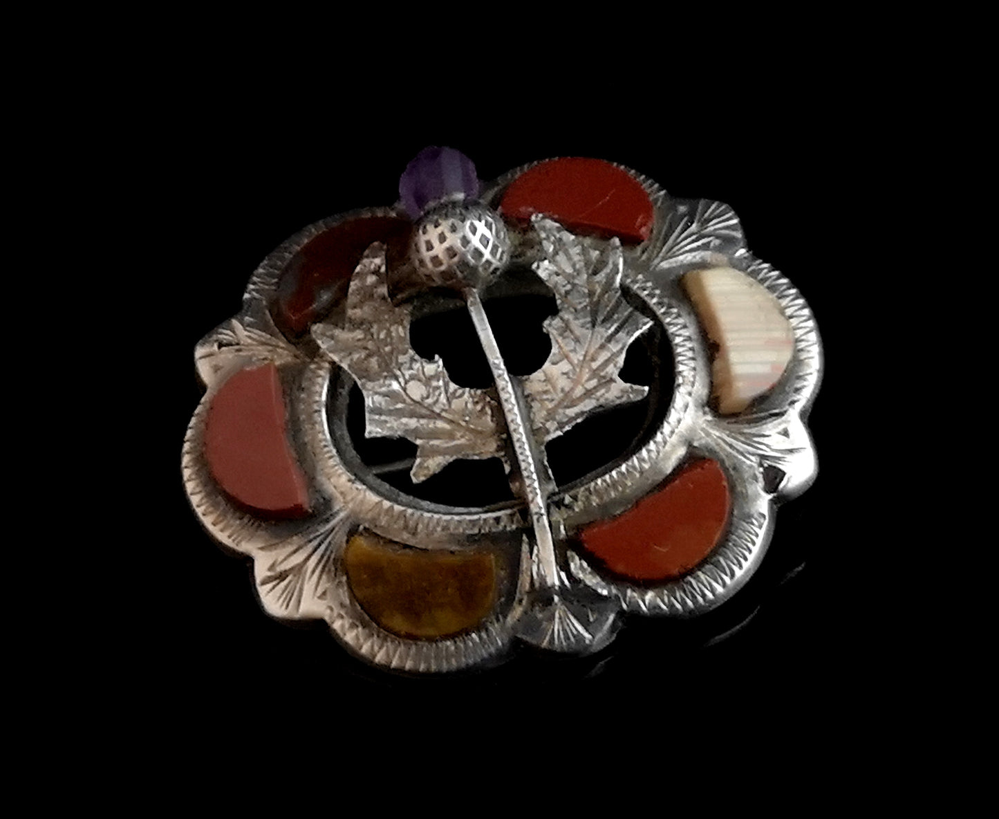 Antique Scottish silver brooch, agate and amethyst