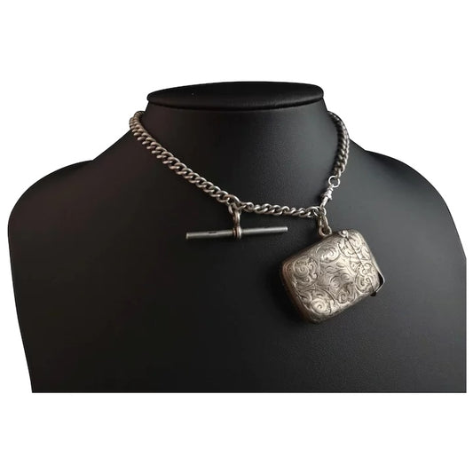 Antique silver albert chain, vesta case