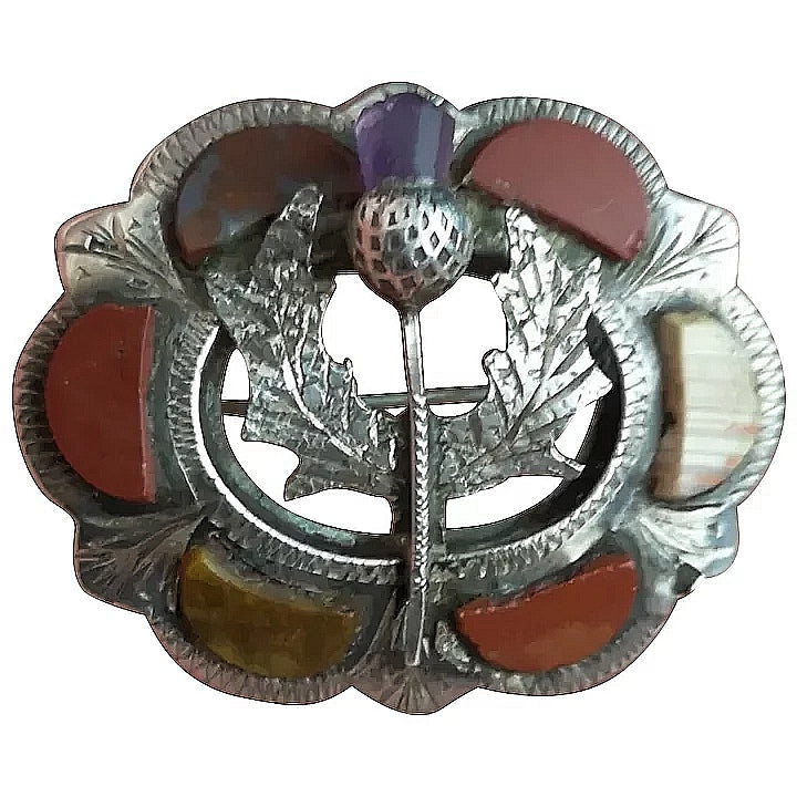Antique Scottish silver brooch, agate and amethyst