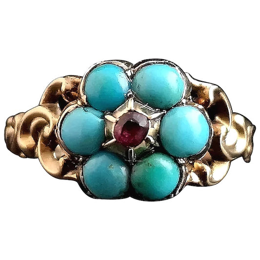 Antique Georgian mourning ring, 22ct gold, turquoise and Ruby