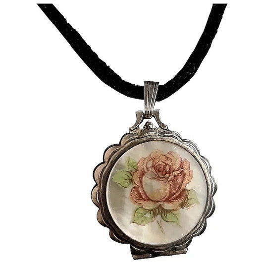 Vintage silver locket, Mother of pearl, Rose