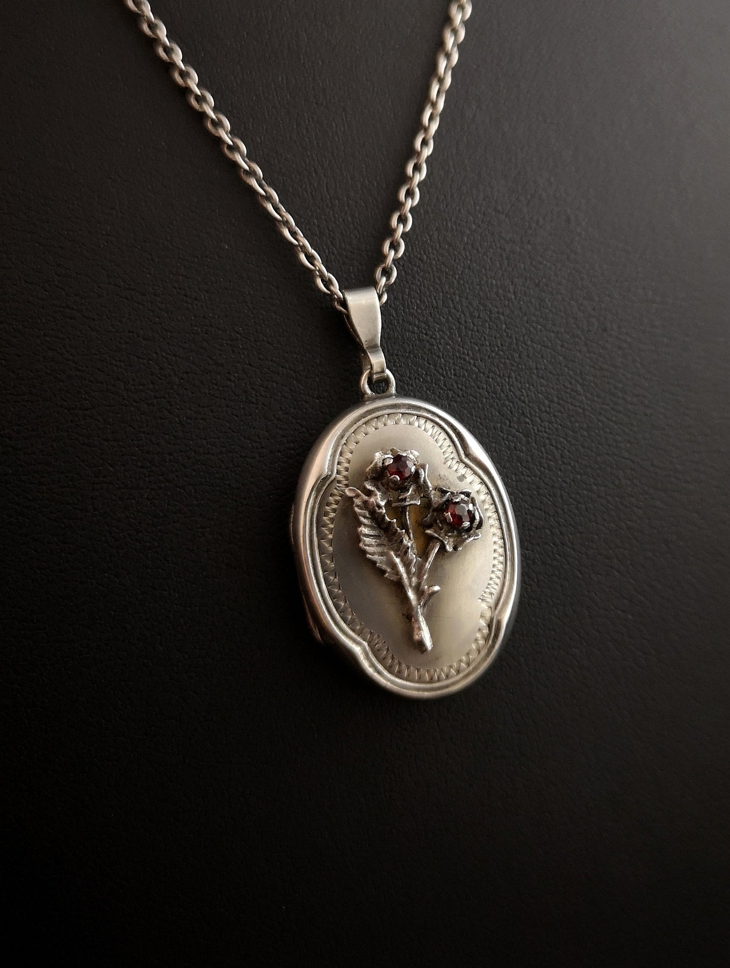Vintage silver locket, Garnet paste roses, necklace