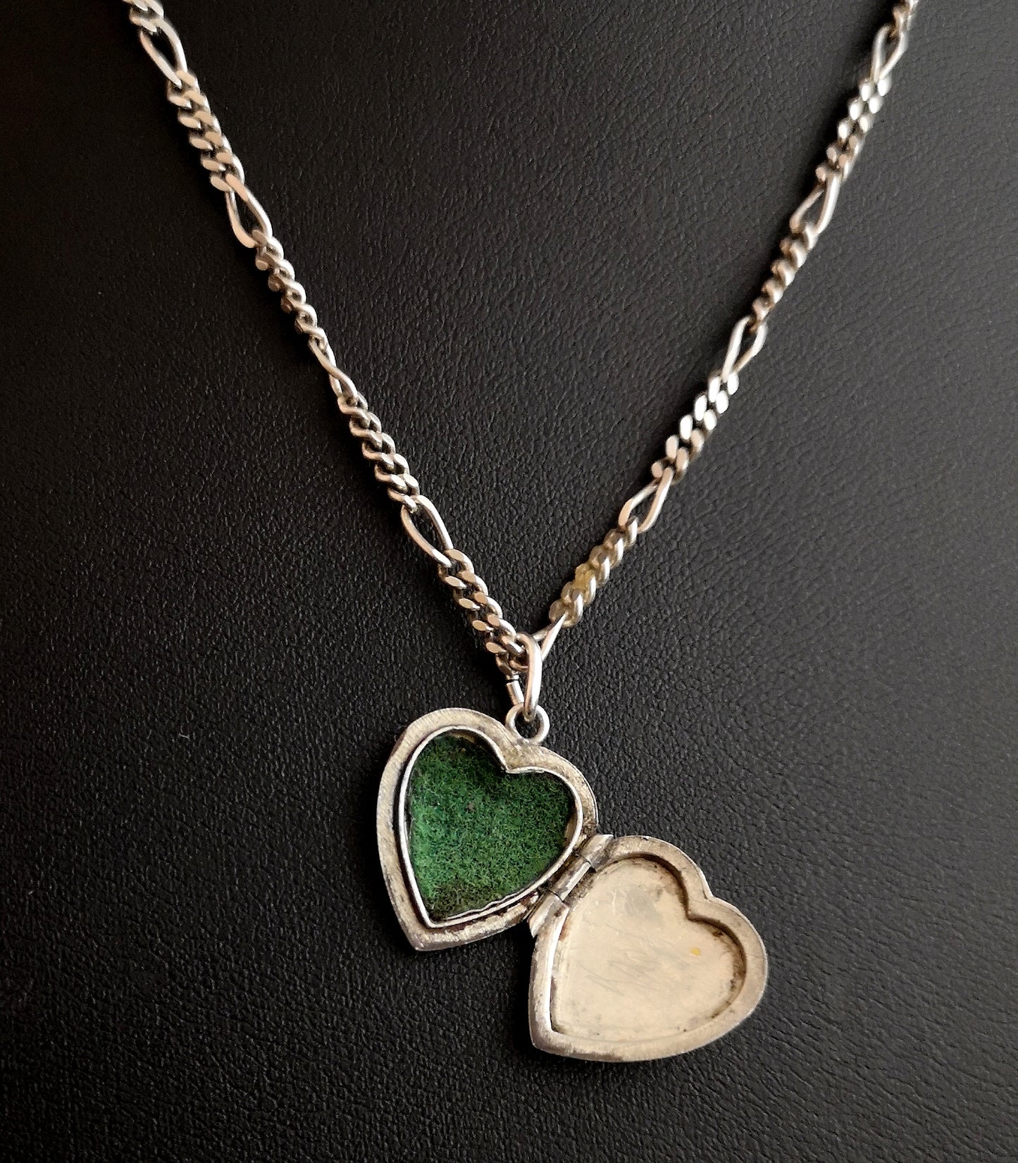 Vintage silver heart locket, figaro link necklace