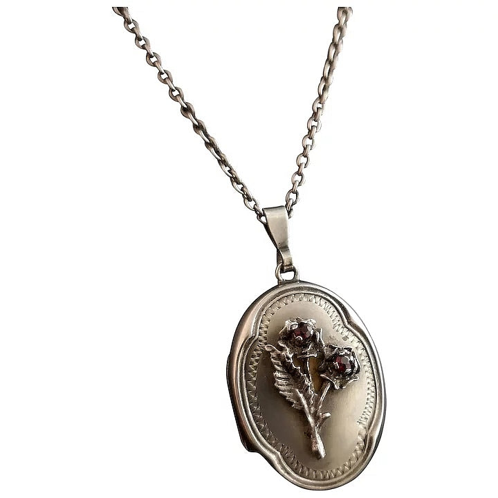 Vintage silver locket, Garnet paste roses, necklace
