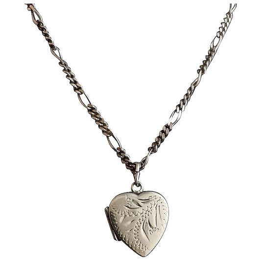 Vintage silver heart locket, figaro link necklace