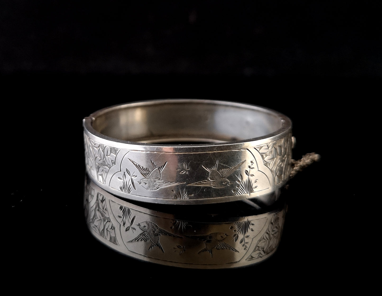 Victorian silver bangle, Swallows, Aesthetic era