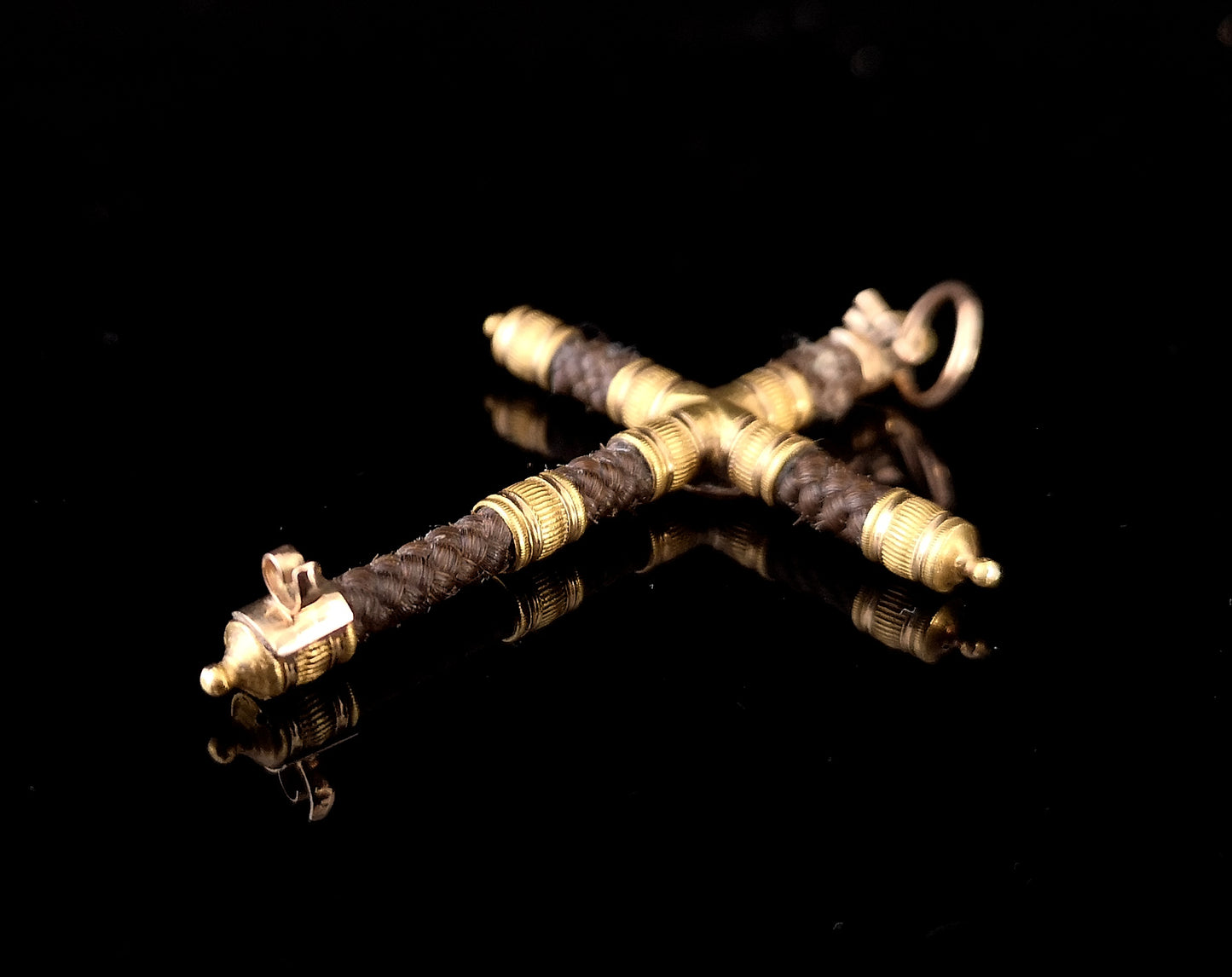 Antique Georgian mourning Cross pendant, hairwork, 9ct gold