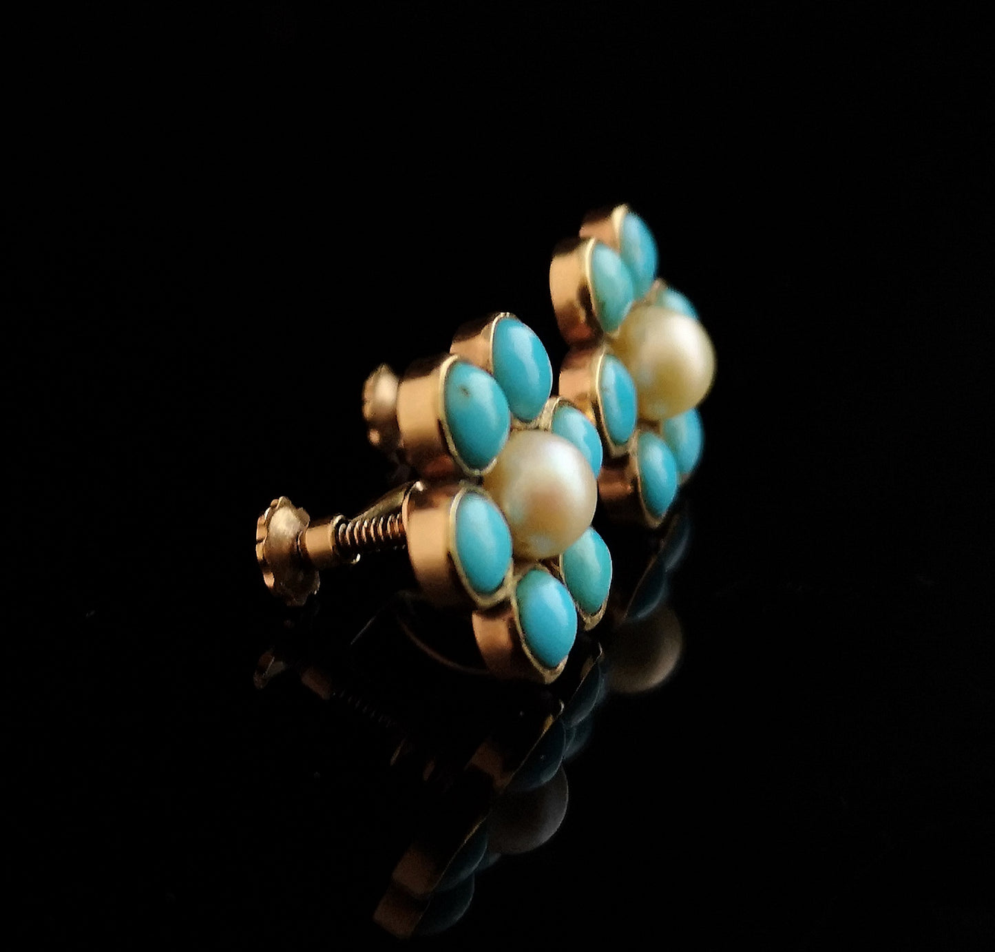 Antique flower earrings, turquoise and pearl, 9ct gold