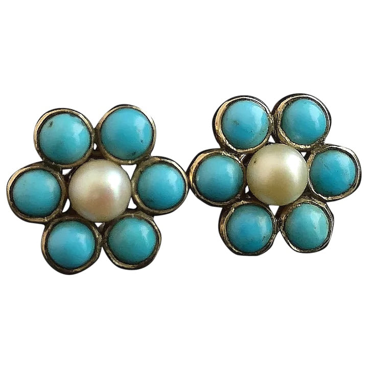 Antique flower earrings, turquoise and pearl, 9ct gold