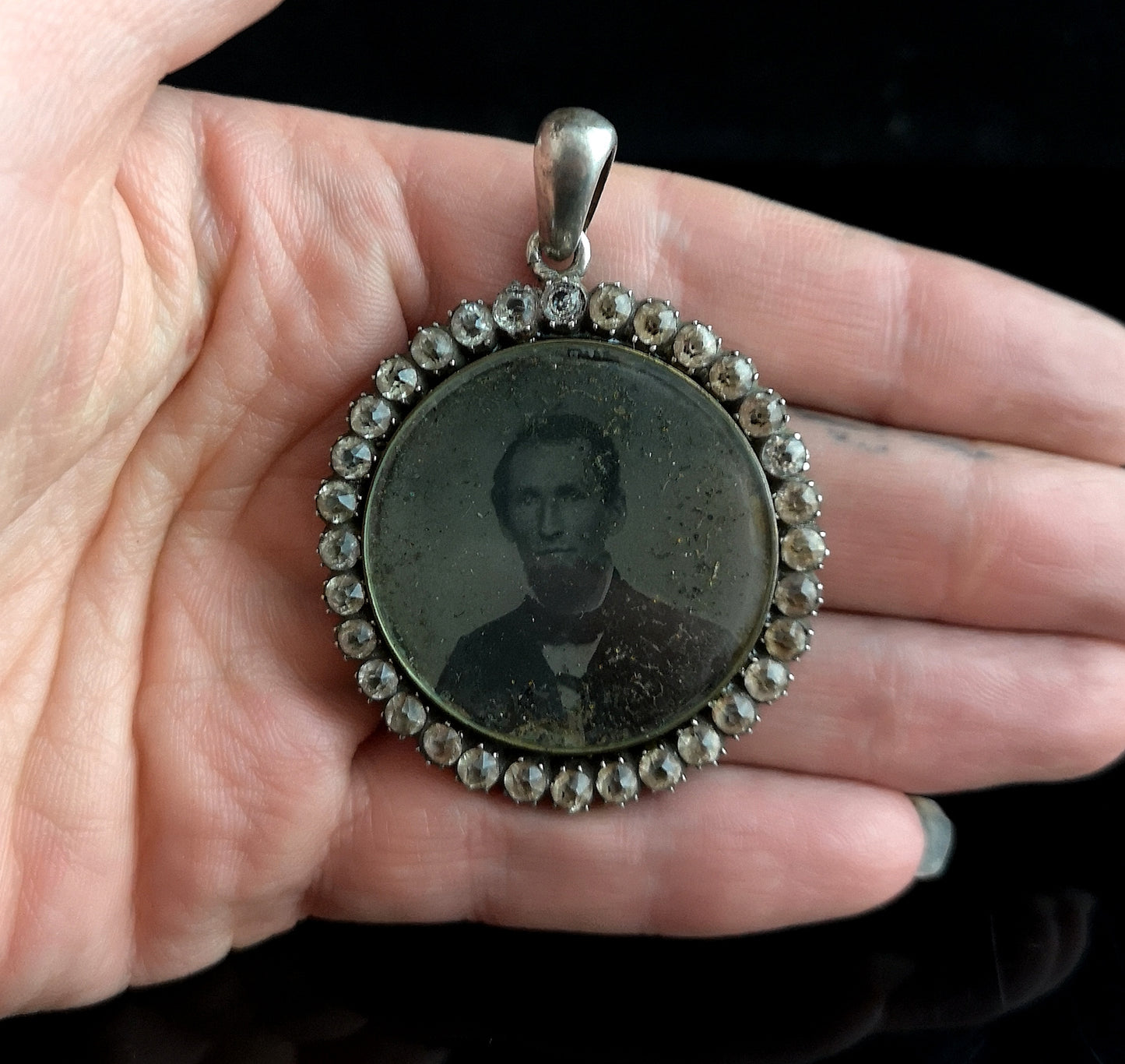 Antique Victorian mourning pendant, silver and paste