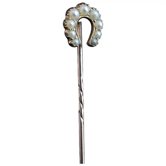 Antique horseshoe stick pin, 9ct gold, seed pearl