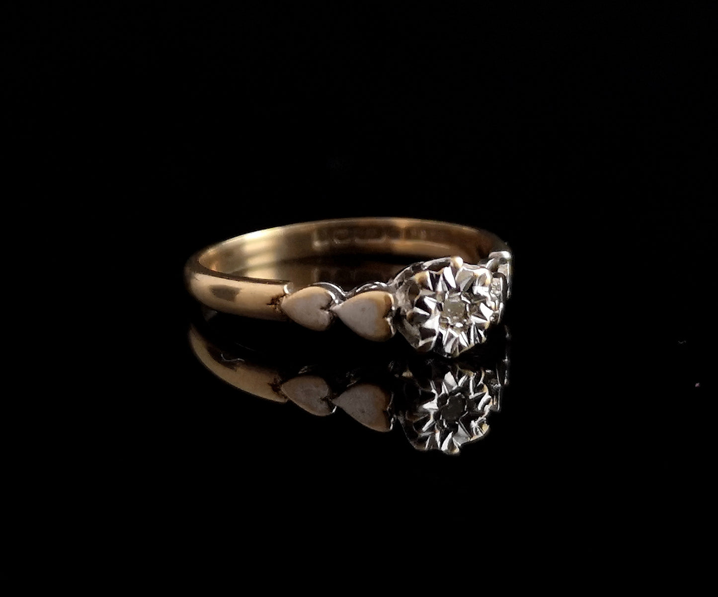 Vintage 9ct gold diamond solitaire ring, hearts