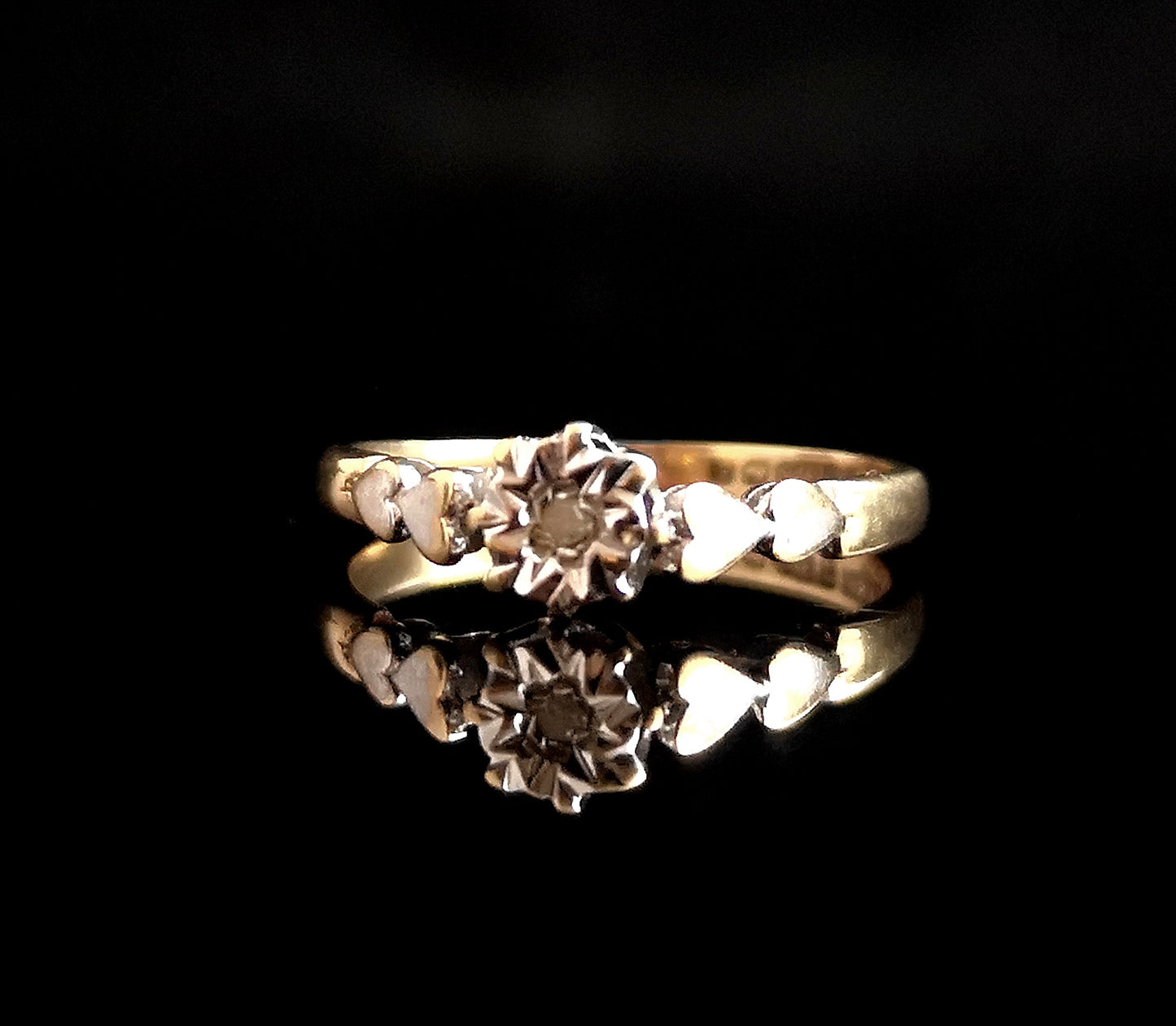 Vintage 9ct gold diamond solitaire ring, hearts
