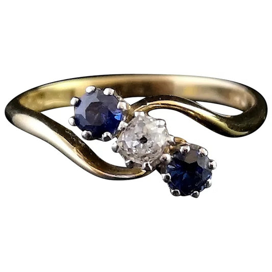 Vintage Art Deco Sapphire and Diamond crossover ring, 18ct gold and platinum