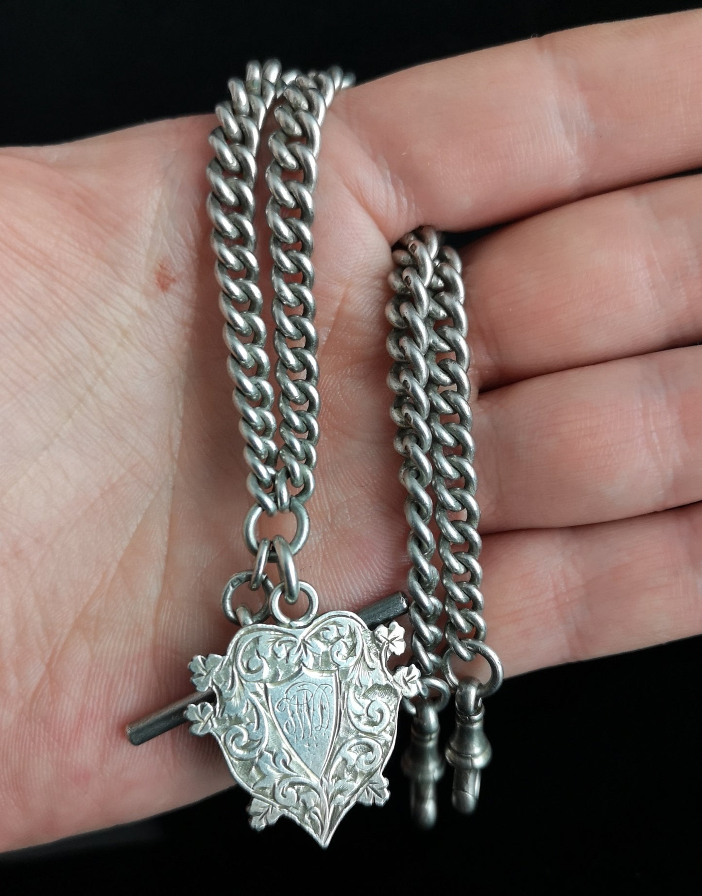 Antique Victorian double Albert chain, silver watch chain
