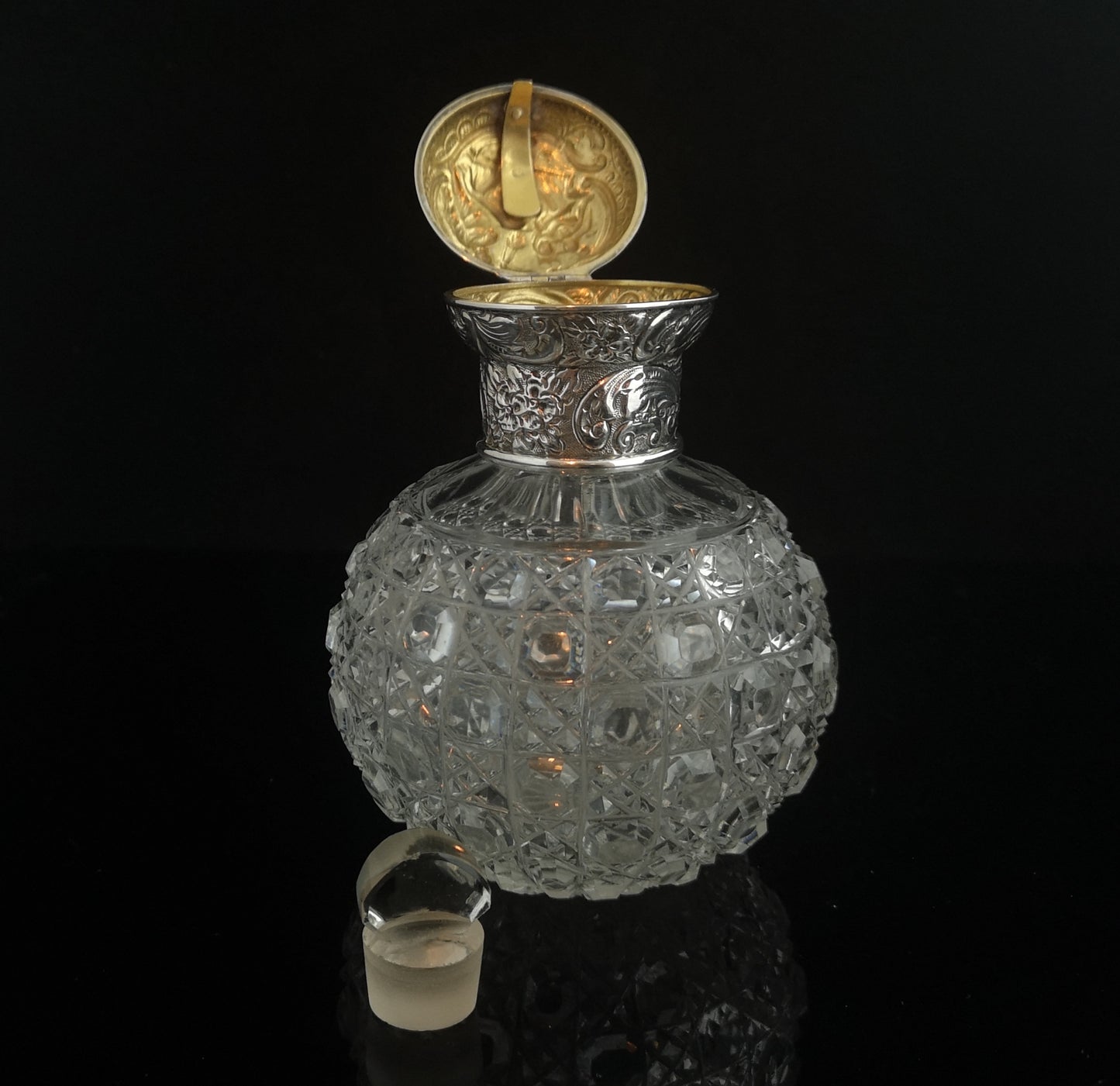 Antique Victorian cut glass scent bottle, silver