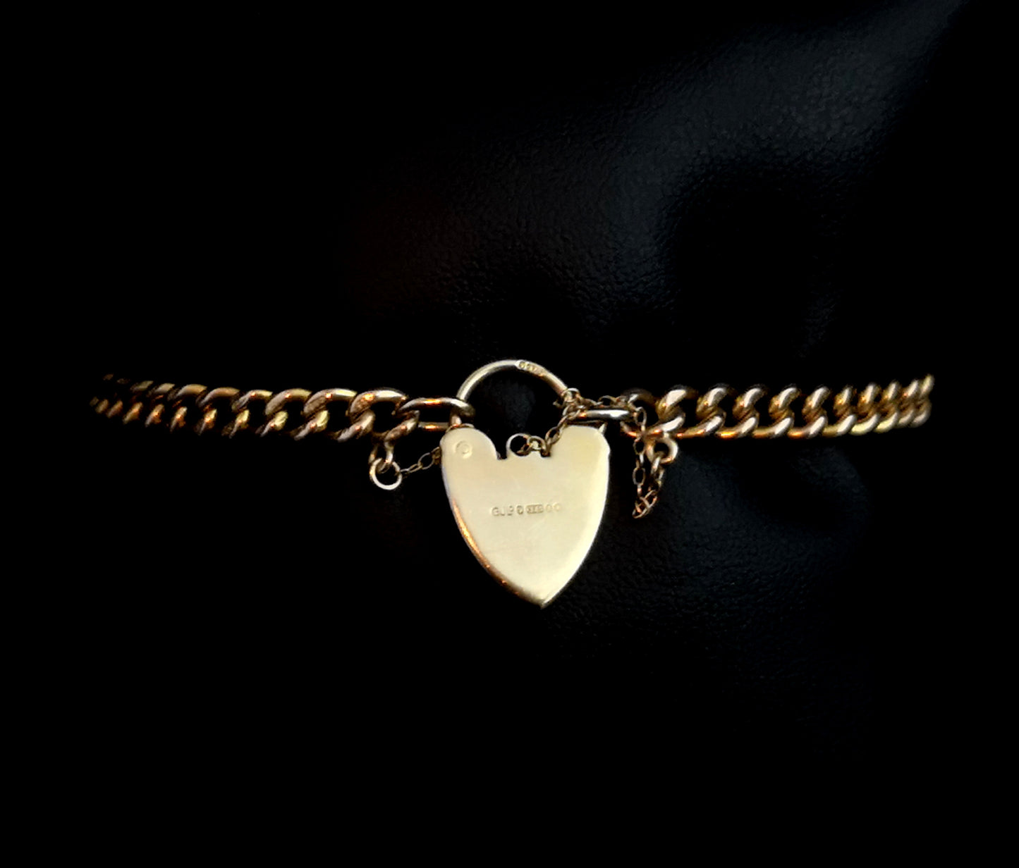 Antique 9ct gold curb link bracelet, heart padlock clasp