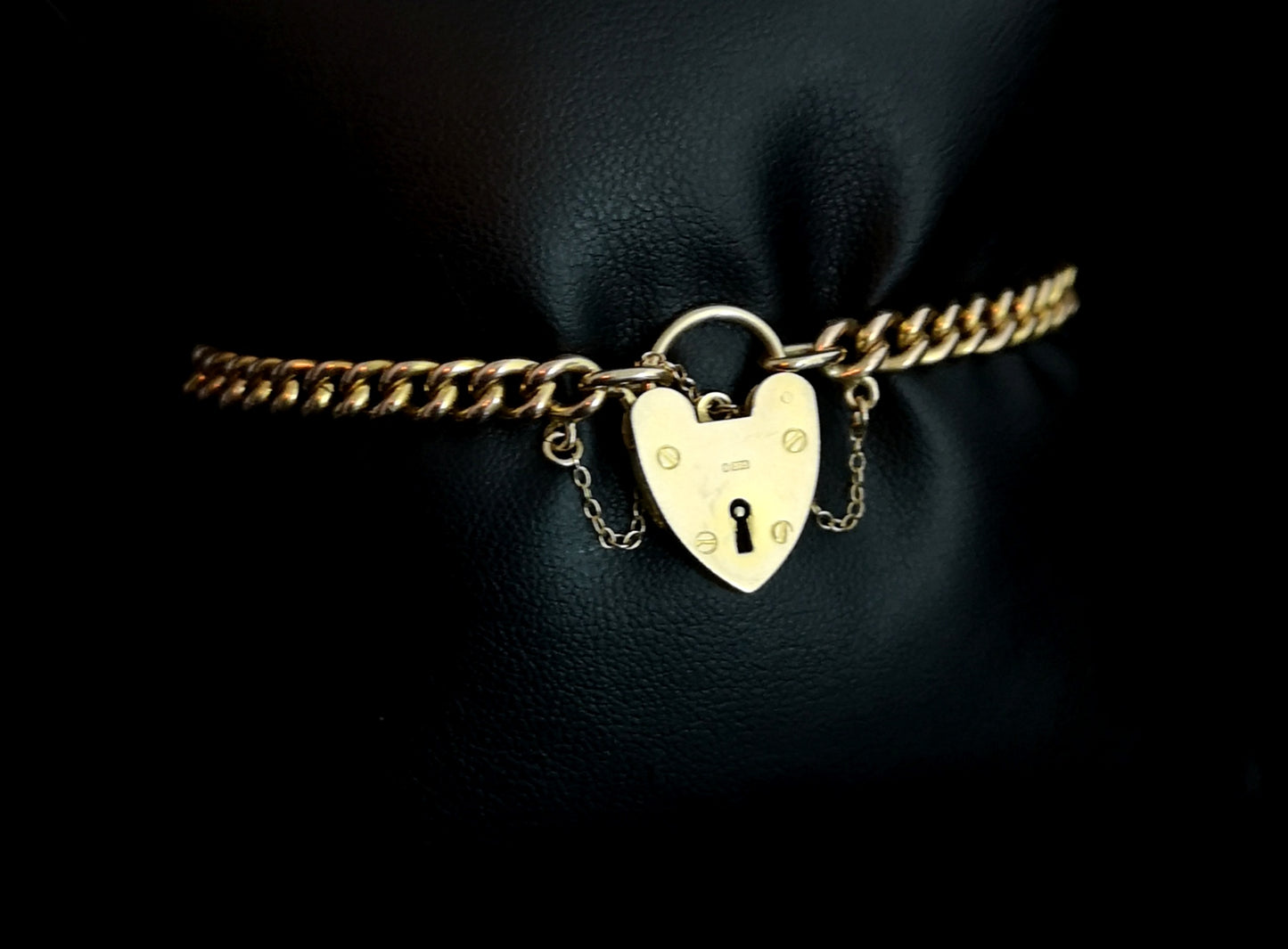 Antique 9ct gold curb link bracelet, heart padlock clasp