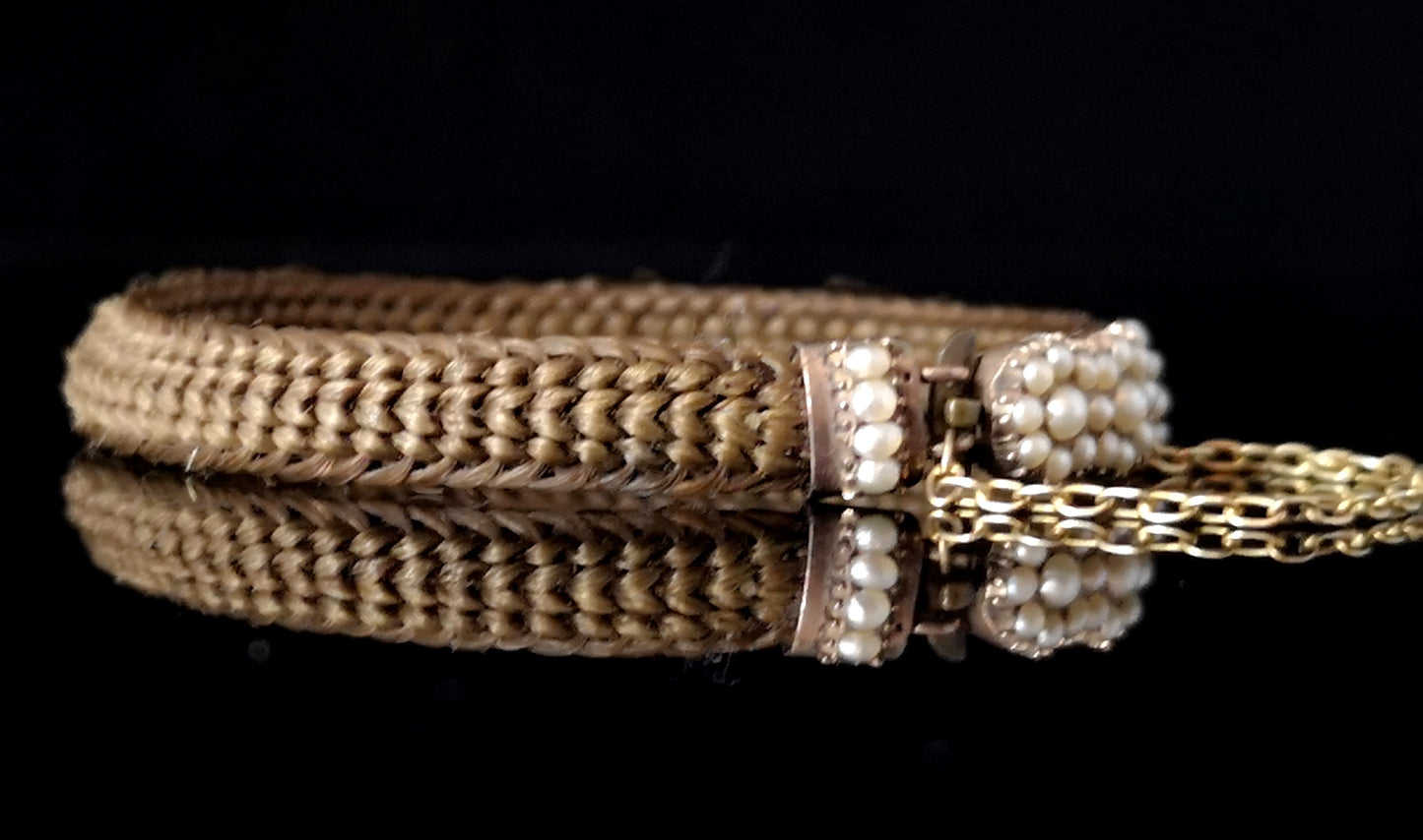 Antique Victorian mourning bracelet, hairwork and seed pearl