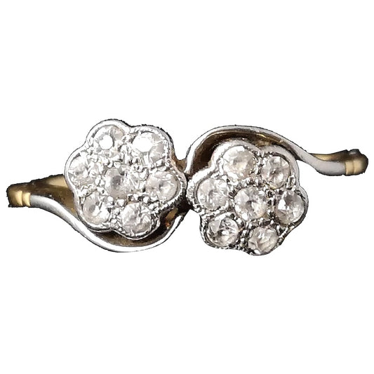 Antique diamond double daisy ring, 18ct gold and platinum, Edwardian