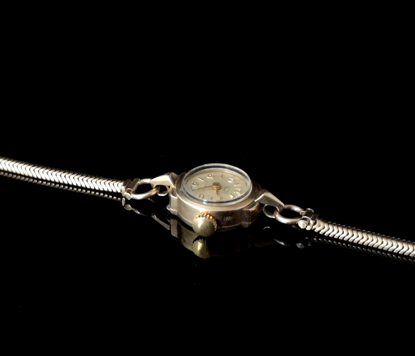 Vintage 9ct gold ladies wristwatch, 1950's, Snake bracelet