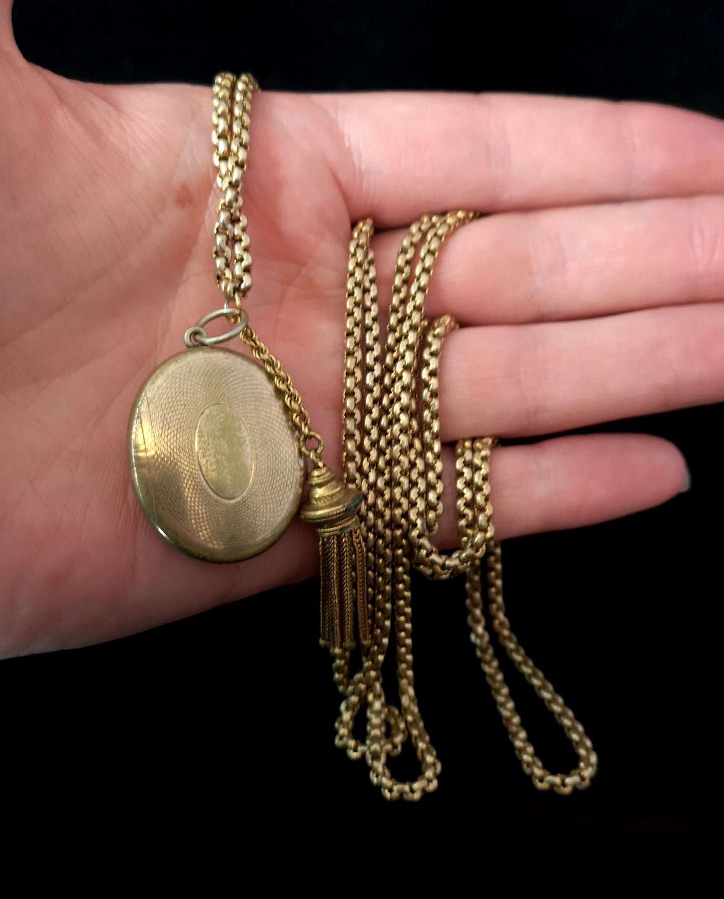 Antique Victorian longuard chain, muff chain necklace, locket and tassle