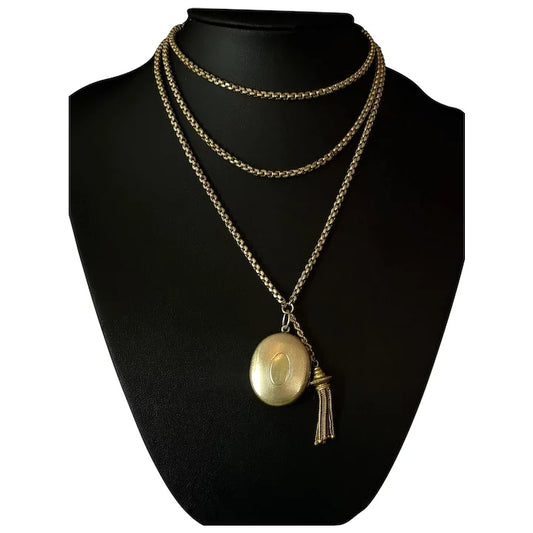 Antique Victorian longuard chain, muff chain necklace, locket and tassle