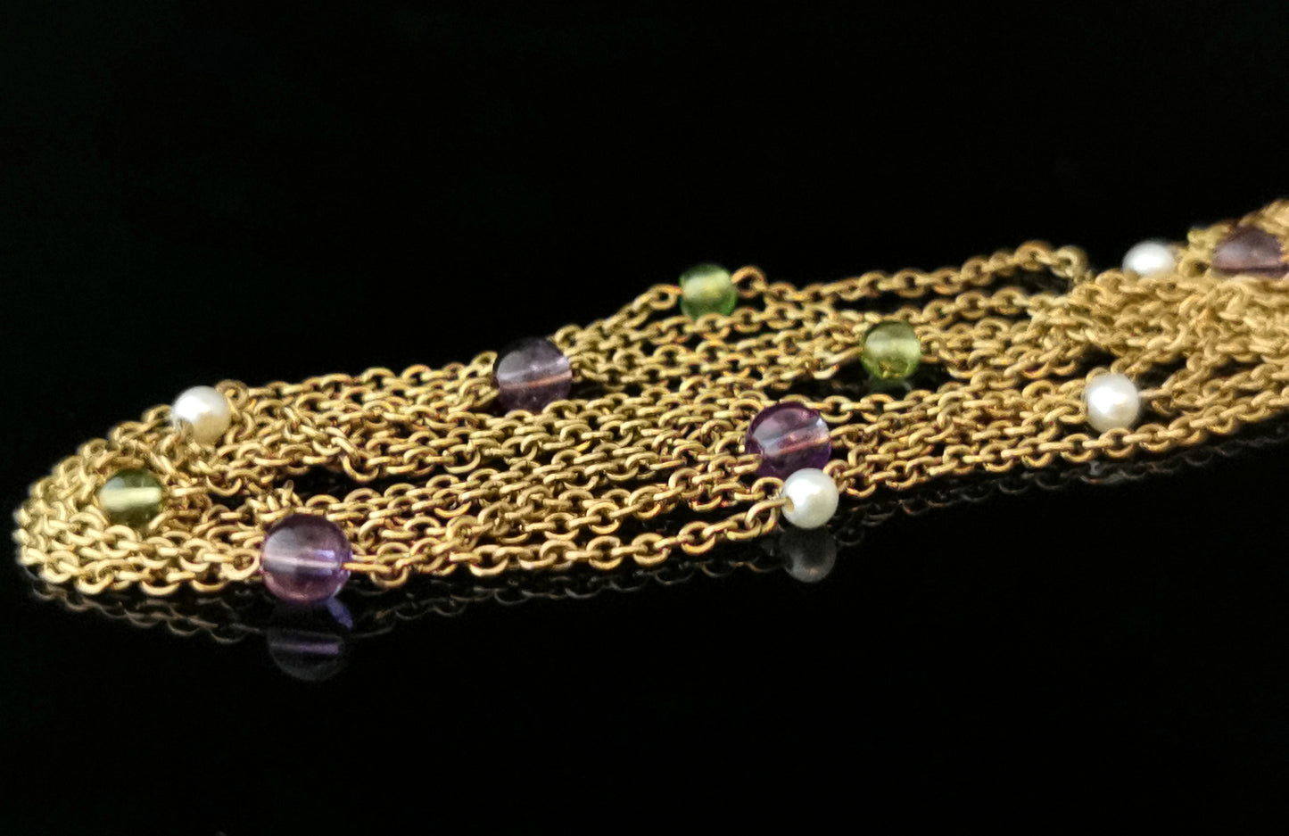 Antique Suffragette sautoir necklace, 15ct gold, Amethyst, Peridot and pearl
