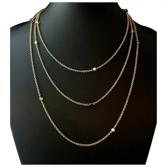 Antique Suffragette sautoir necklace, 15ct gold, Amethyst, Peridot and pearl