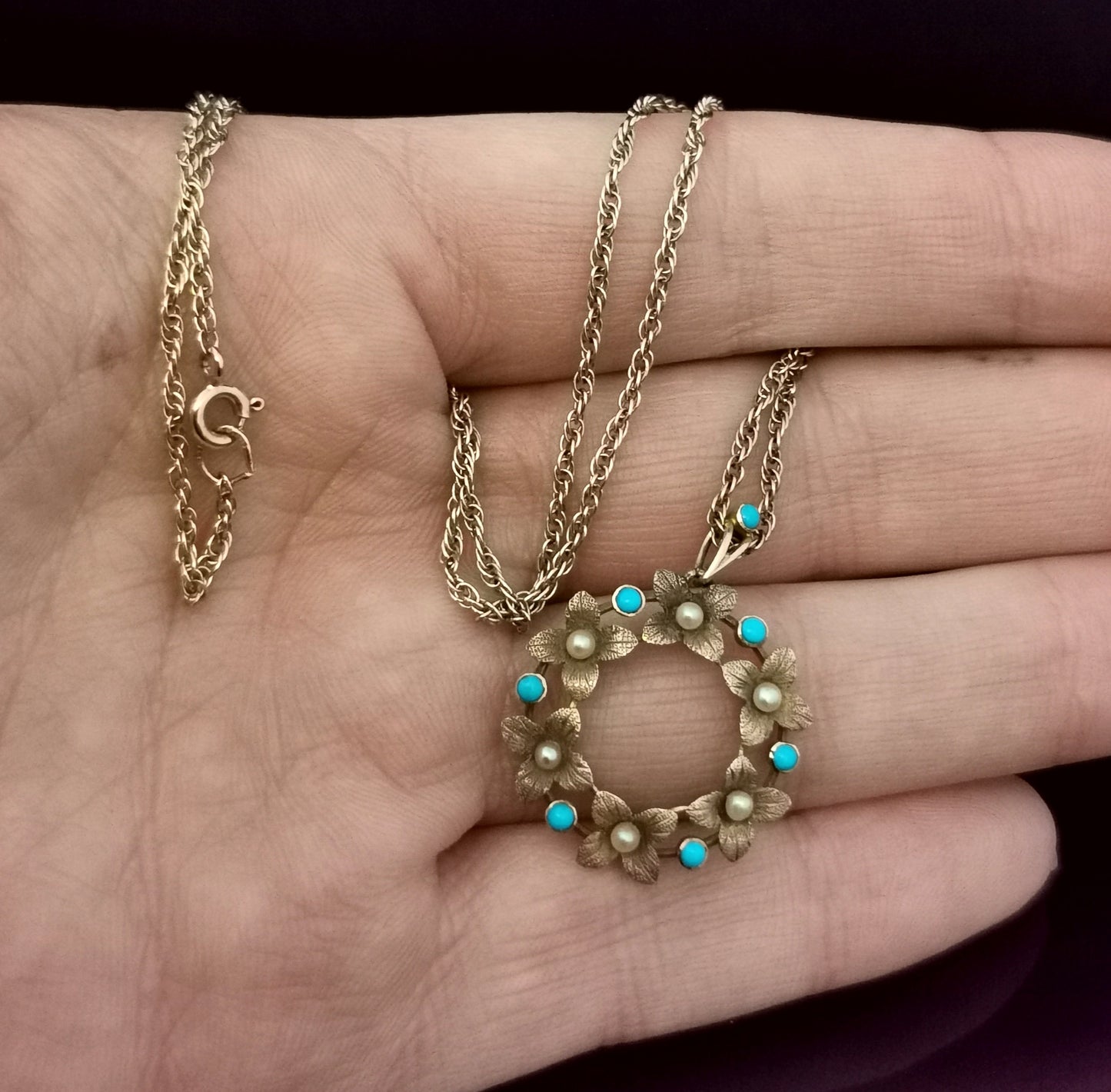 Antique Art Nouveau floral pendant, 15ct gold l, pearl and turquoise, necklace