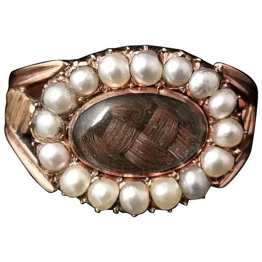 Antique Georgian mourning ring, 18ct gold, pearl and hairwork