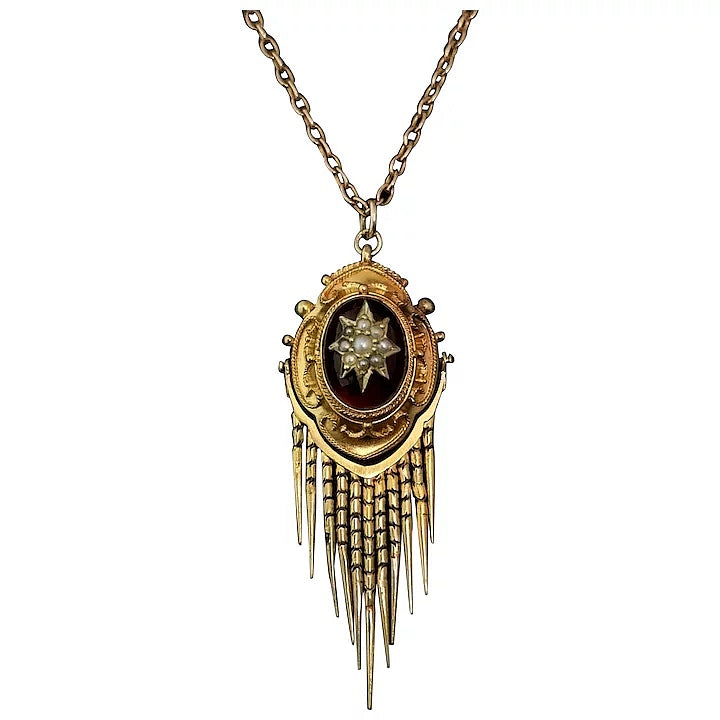 Antique Victorian Garnet tassel pendant, pearl star, gold necklace