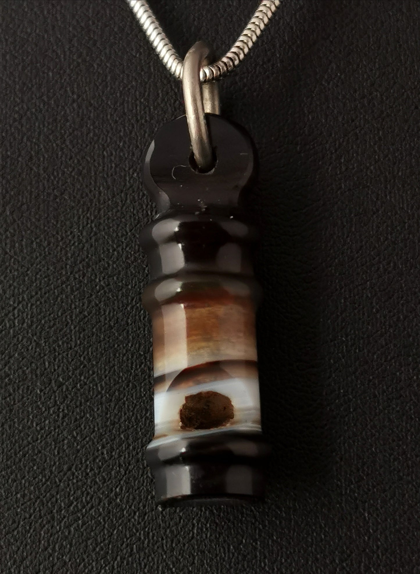 Victorian banded agate whistle pendant, silver necklace