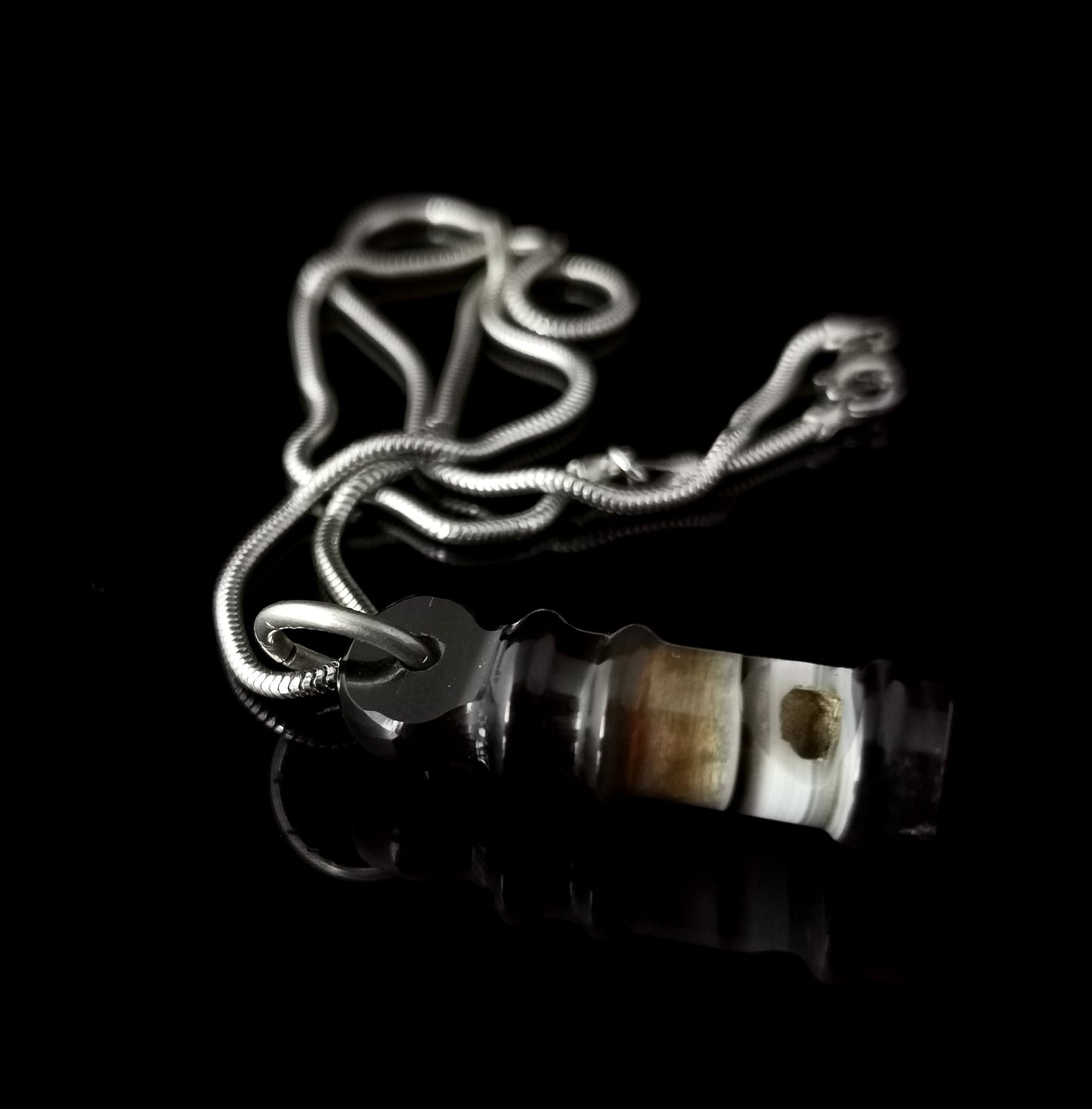 Victorian banded agate whistle pendant, silver necklace